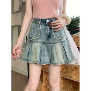 Women’s Denim Pleated Skirt Y2K Fringed Pockets Stretch Sz Medium Cotton Viscose